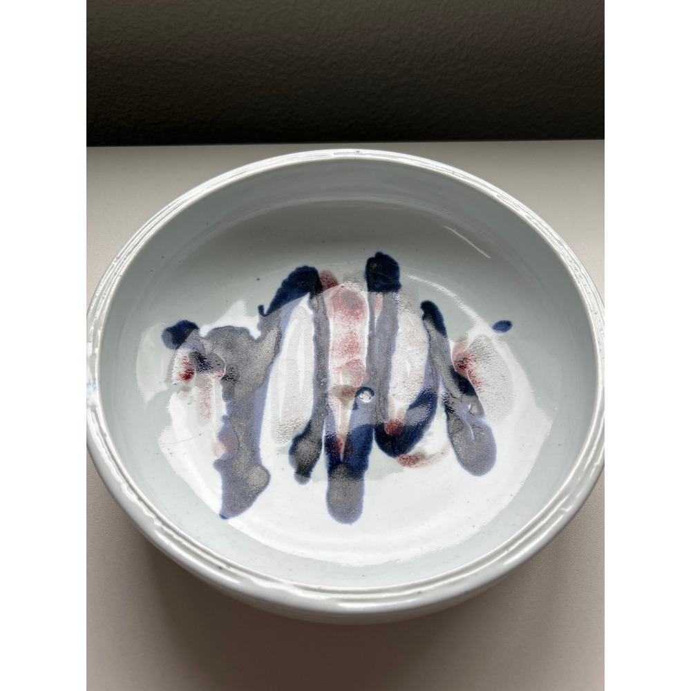 Handmade Ceramic Bowl Abstract Blue Red Glaze Signed Artist Pottery Dish 9.5"